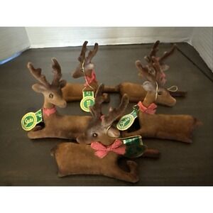 VIntage STATS Flocked Reindeer Ornament With Glass Eyes Red Bow Lying Deer-5